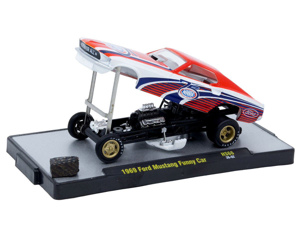 1969 Ford Mustang Funny Car "NHRA 75 Years" Red and White with Graphics Limited Edition to 3740 pieces Worldwide 1/64 Diecast Model Car by M2 Machines