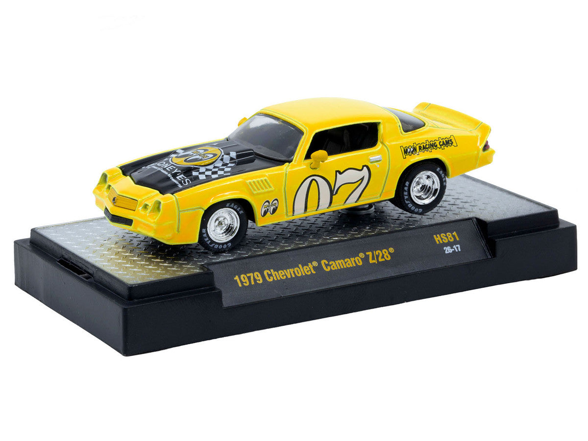 1979 Chevrolet Camaro Z/28 "MoonEyes" Yellow with Black Hood and Graphics Limited Edition to 10428 pieces Worldwide 1/64 Diecast Model Car by M2 Machines