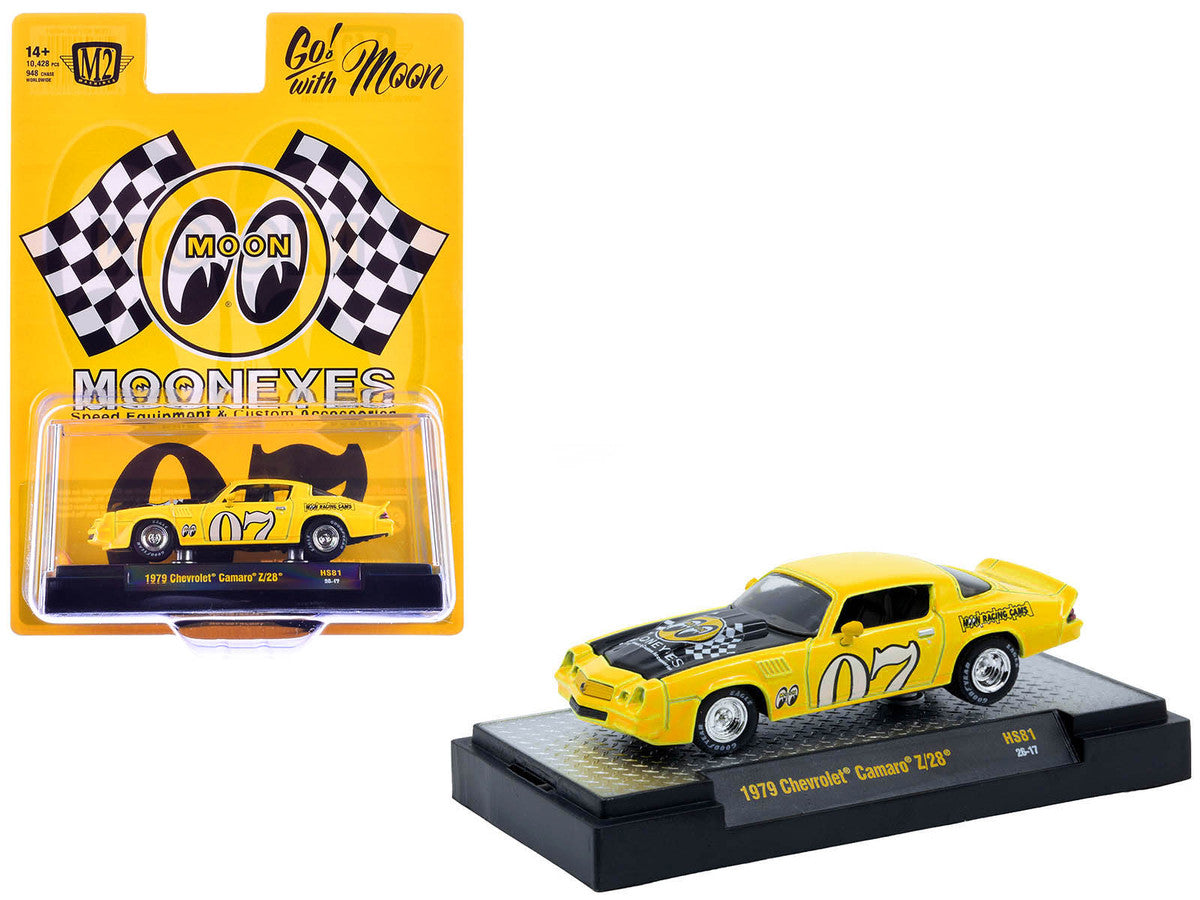 1979 Chevrolet Camaro Z/28 "MoonEyes" Yellow with Black Hood and Graphics Limited Edition to 10428 pieces Worldwide 1/64 Diecast Model Car by M2 Machines