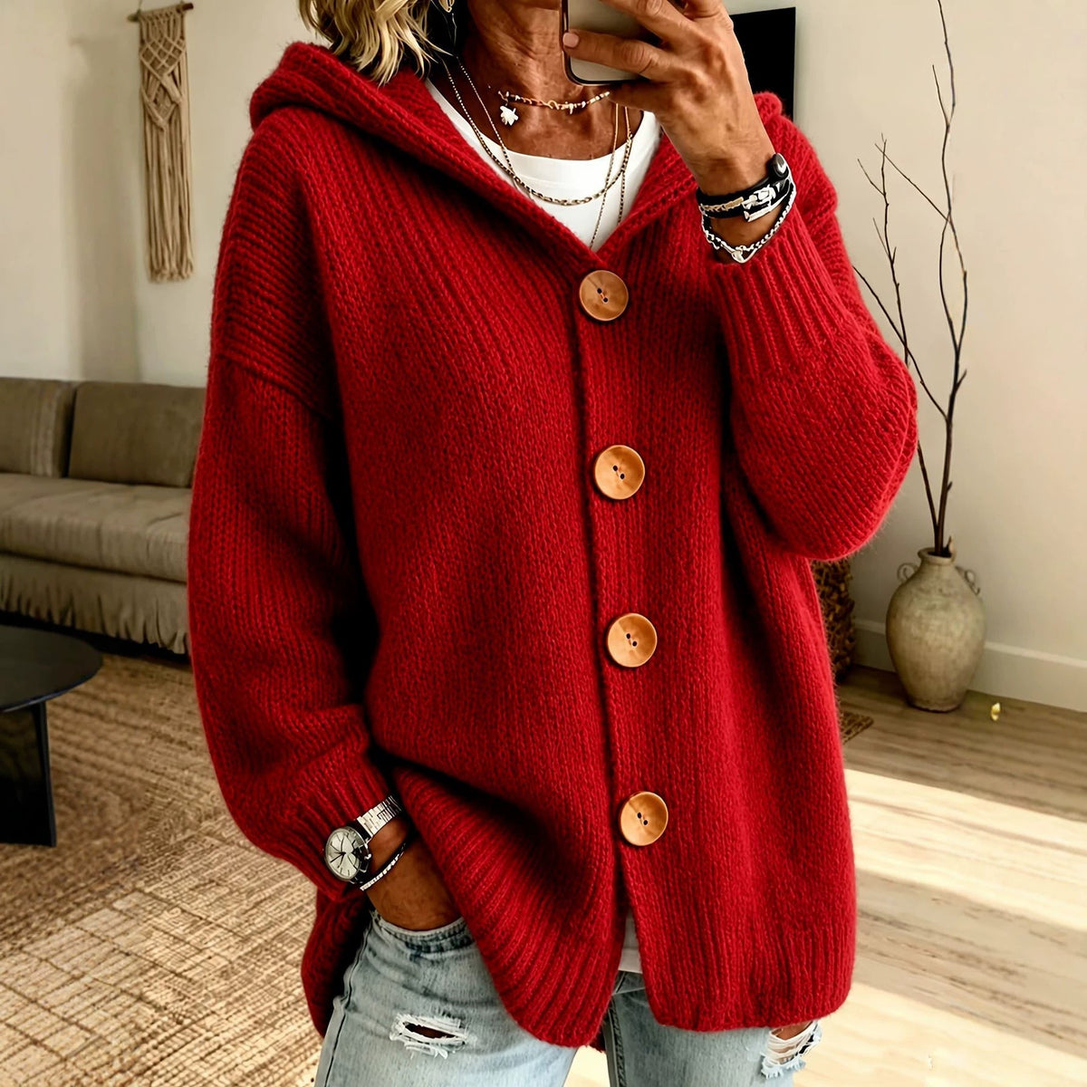 Hooded Cardigan Sweater Jacket With Four Buttons