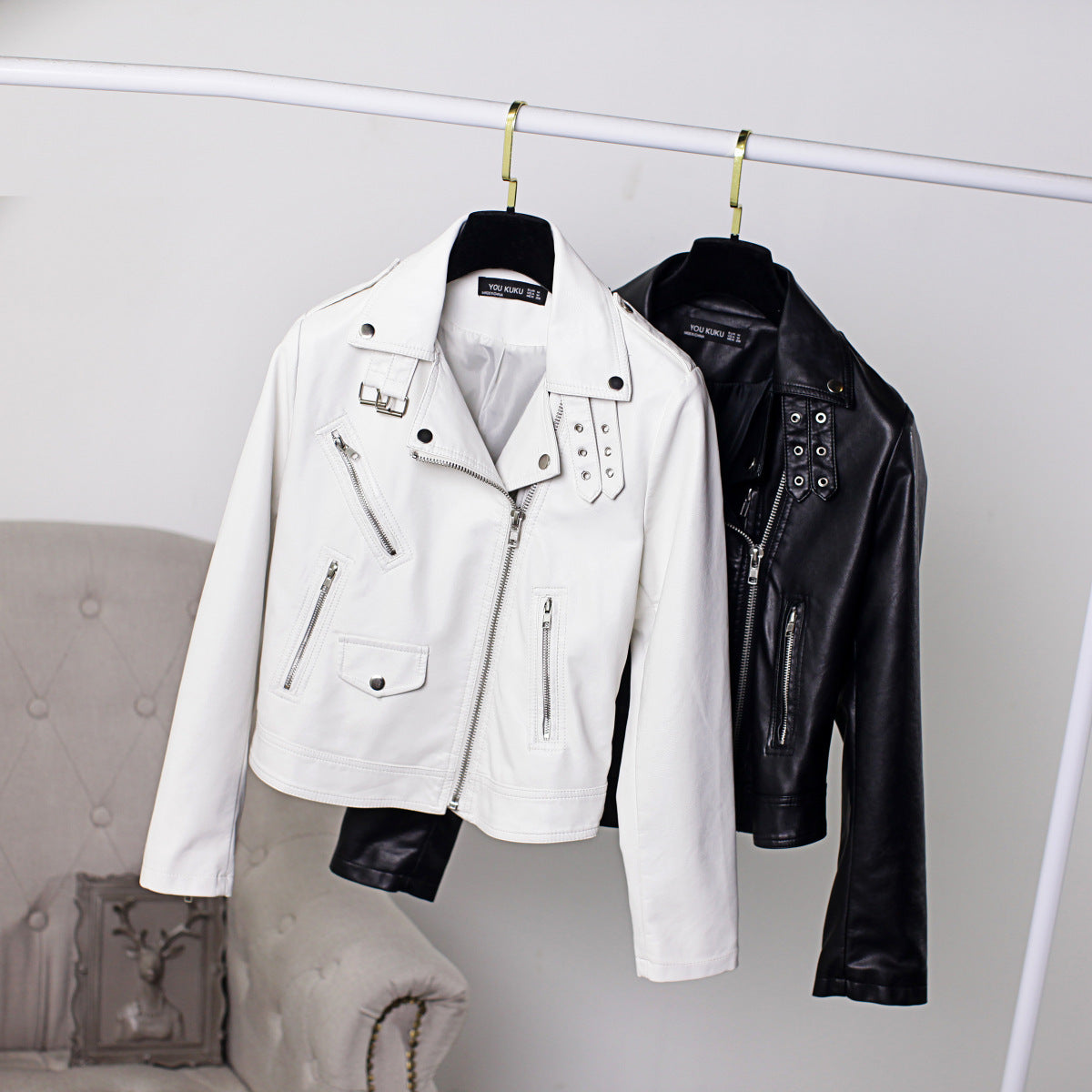 Women's PU Leather Motorcycle Jacket - European & American Style Short Biker Jacket (Black/White, Sizes S-XL