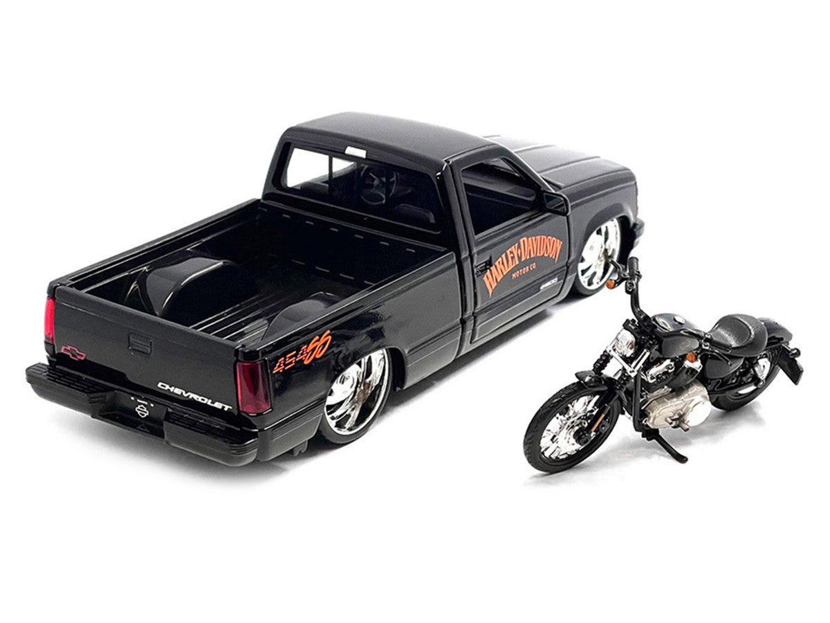 1993 Chevrolet 454 SS Pickup Truck "Harley Davidson" Black and 2007 Harley-Davidson XL 1200N Nightster Motorcycle Black "H-D Custom" Series 1/24 Diecast Model Car by Maisto