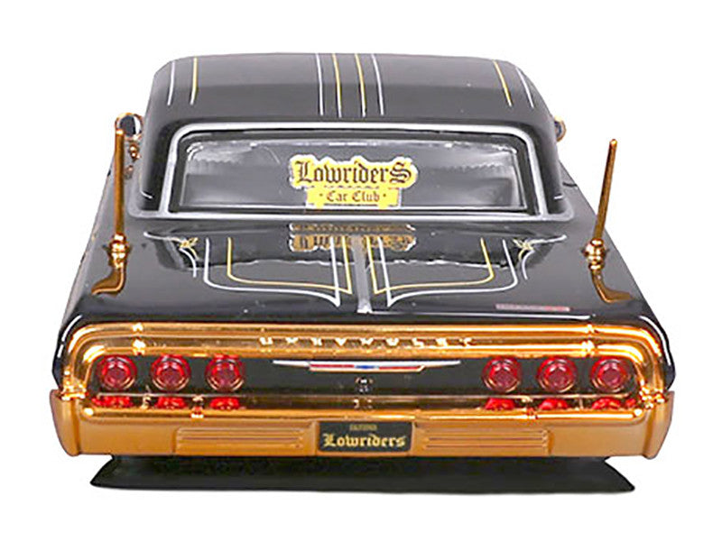 1964 Chevrolet Impala SS Lowrider Black Metallic with Gold Graphics and Gray Interior "Lowriders" "Maisto Design" Series 1/26 Diecast Model Car by Maisto