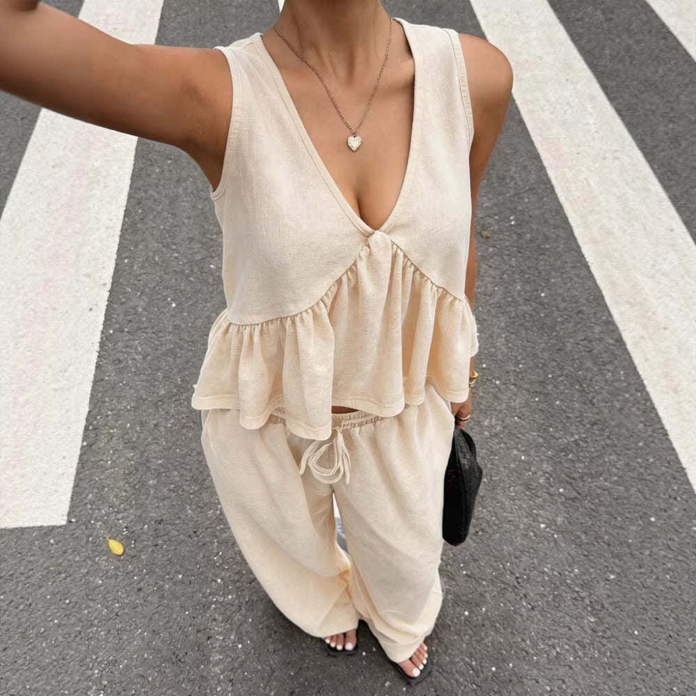 Women's Casual V-Neck Sleeveless Top And Pants Set