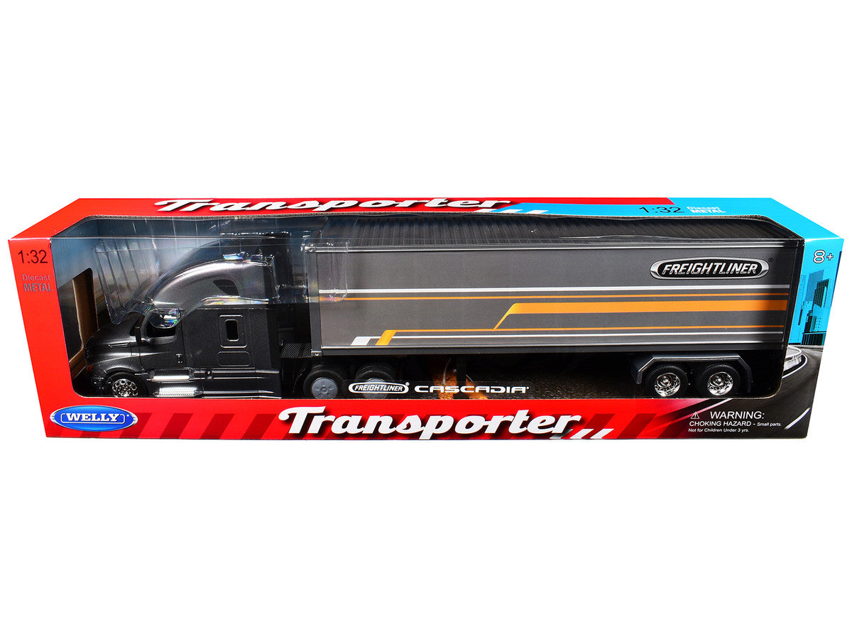 Freightliner Cascadia Truck Gray Metallic with Gray Container with Graphics "Transporter" Series 1/32 Diecast Model by Welly