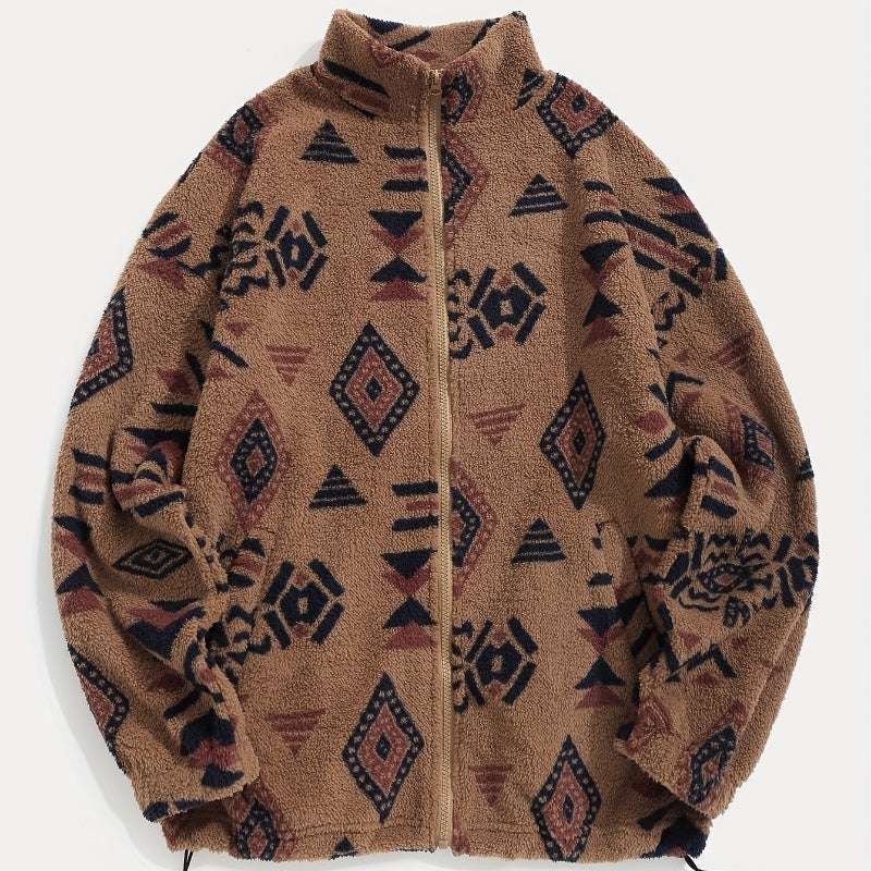 Boho Geometric Print Polar Fleece Coat - Ultra-Soft Plush Loose Fit Jacket with Fur Collar (Apricot/Caramel/Green)