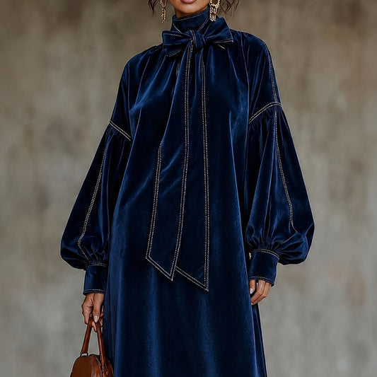 New High-neck Velvet Dress With Bow