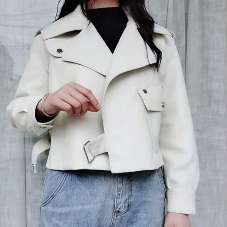 Women's PU Leather Motorcycle Jacket - Lapel Collar Street Style Biker Jacket (50-65cm Length)
