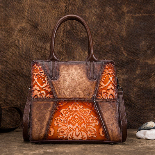 Vintage Tree Embossed Leather Handbag - First Layer Cowhide Retro Women's Purse with Floral Hand-Painting (25x23x11cm)