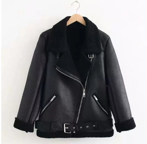 Women's Long Faux Leather Jacket with Lambswool Lining