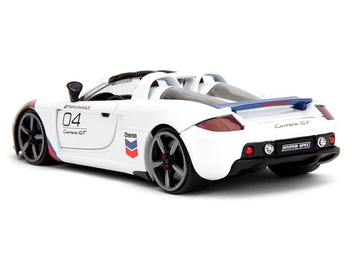 Porsche Carrera GT Convertible #04 "Chevron" White with Graphics "Hyper-Spec" Series 1/24 Diecast Model Car by Jada