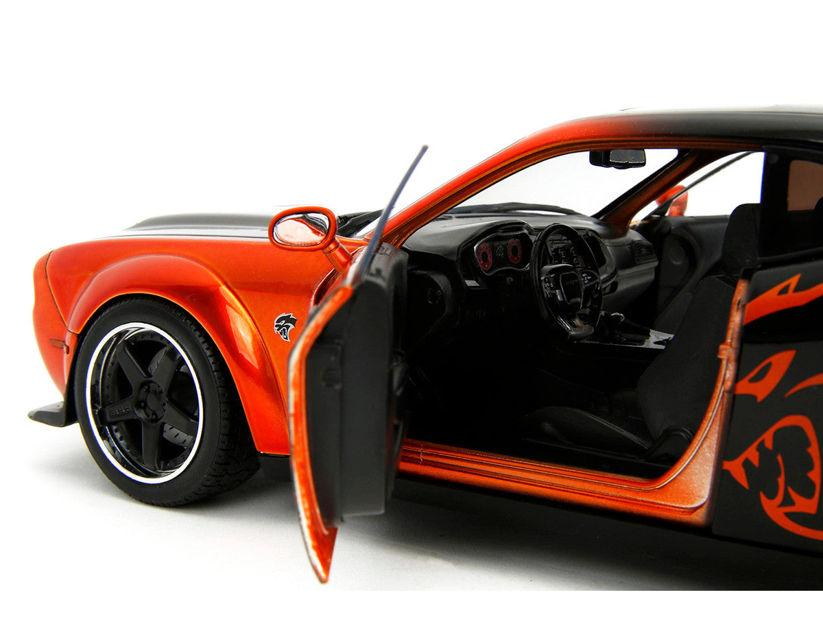 Dodge Challenger SRT Hellcat Orange Metallic and Black "Pink Slips" Series 1/18 Diecast Model Car by Jada