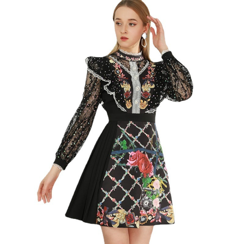 Women Foliage Black Plaid Print Dress