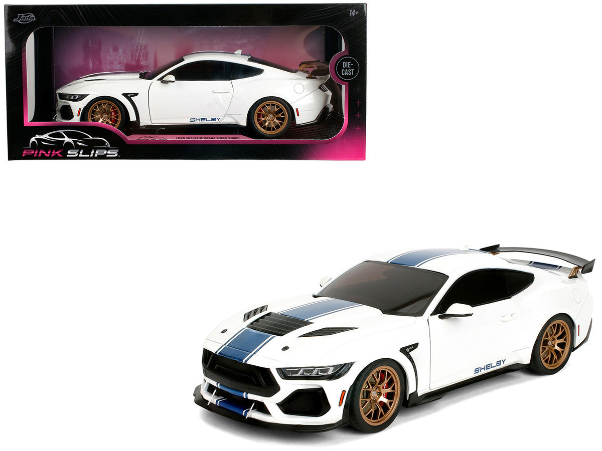 Ford Mustang Shelby Super Snake White Metallic with Blue Stripes and Gold Wheels "Pink Slips" Series 1/18 Diecast Model Car by Jada