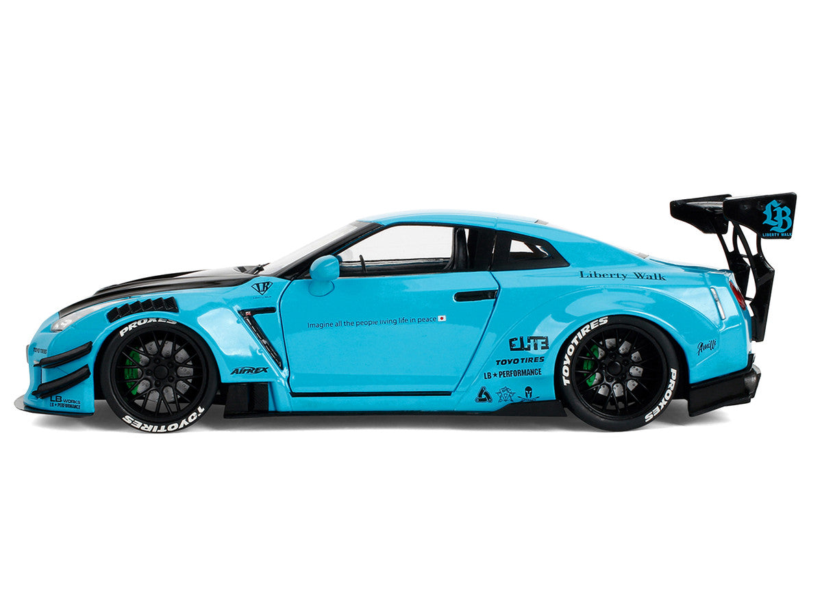 Nissan GT-R (R35) Liberty Walk Body Kit 2.0 RHD (Right Hand Drive) Blue with Black Hood "Pink Slips" Series 1/18 Diecast Model Car by Jada