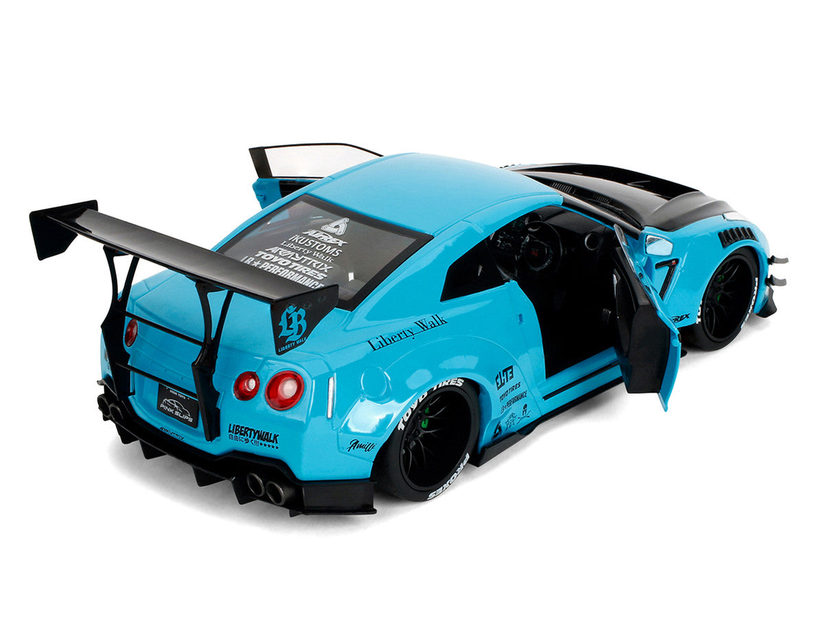 Nissan GT-R (R35) Liberty Walk Body Kit 2.0 RHD (Right Hand Drive) Blue with Black Hood "Pink Slips" Series 1/18 Diecast Model Car by Jada
