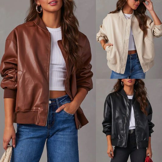 Women's Leather-Look Baseball Jacket - Long Sleeve Motorcycle Style Coat (Black/White/Brown, S-XL)