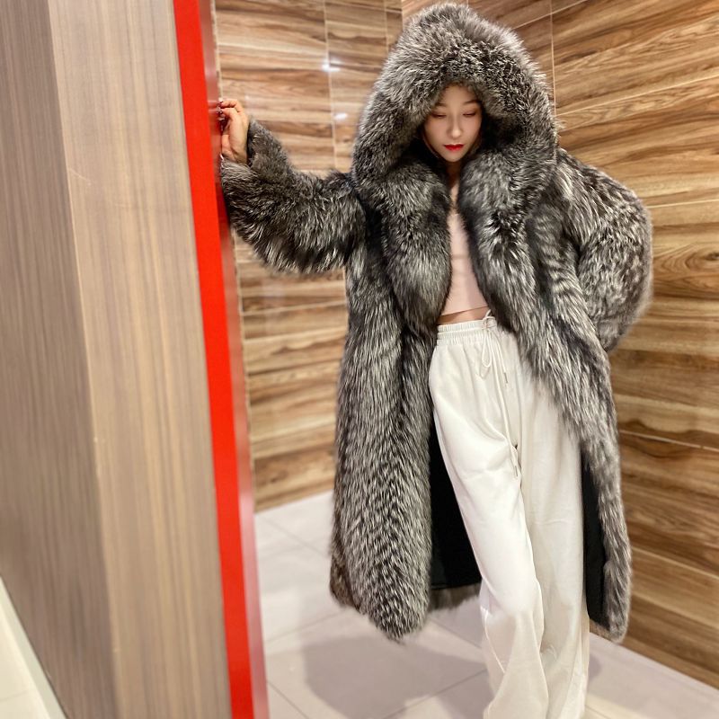 New Autumn And Winter Women's Fur Coat Imitation Fox Fur Long Coat Fashionable Net Celebrity Hooded Coat Winter Windbreaker
