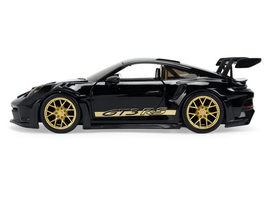 Porsche 911 (992) GT3 RS Black with Carbon Top and Hood Stripes and Gold Wheels "Hyper-Spec" 1/24 Diecast Model Car by Jada