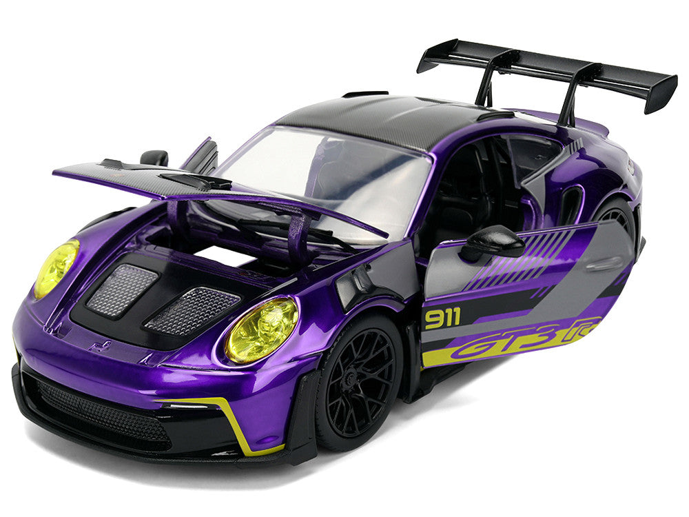 Porsche 911 GT3 RS (992) Candy Purple with Carbon Top and Hood Stripes and Graphics "AutoWorks" Series 1/24 Diecast Car Model by Jada