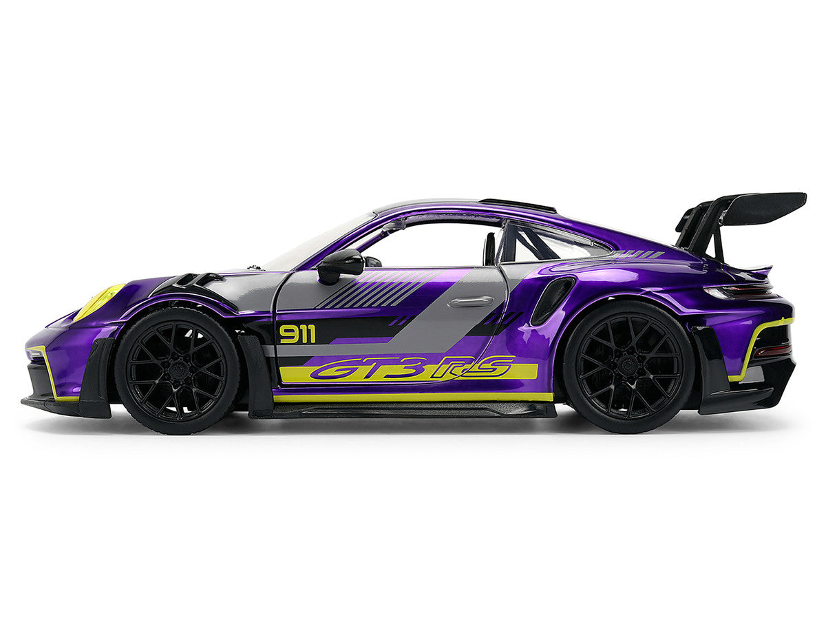 Porsche 911 GT3 RS (992) Candy Purple with Carbon Top and Hood Stripes and Graphics "AutoWorks" Series 1/24 Diecast Car Model by Jada