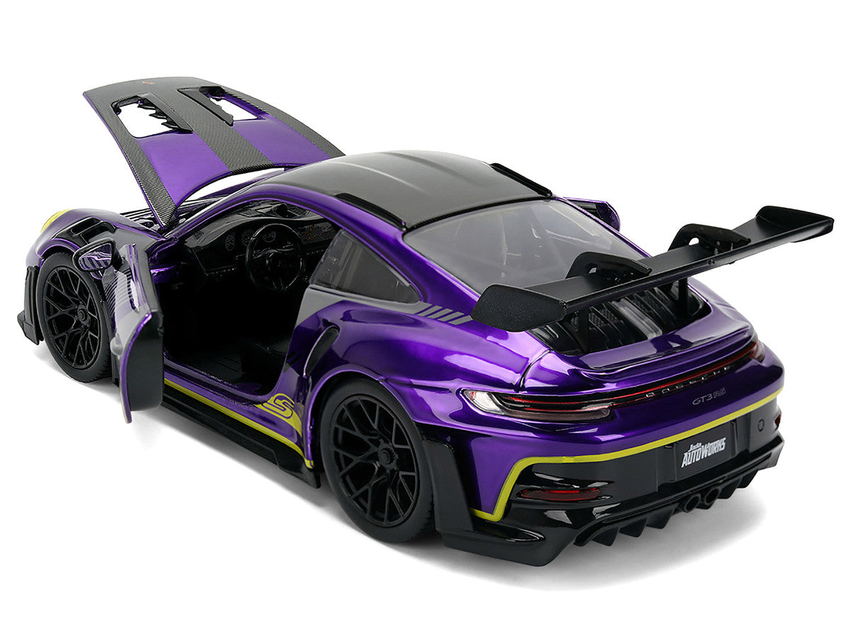 Porsche 911 GT3 RS (992) Candy Purple with Carbon Top and Hood Stripes and Graphics "AutoWorks" Series 1/24 Diecast Car Model by Jada