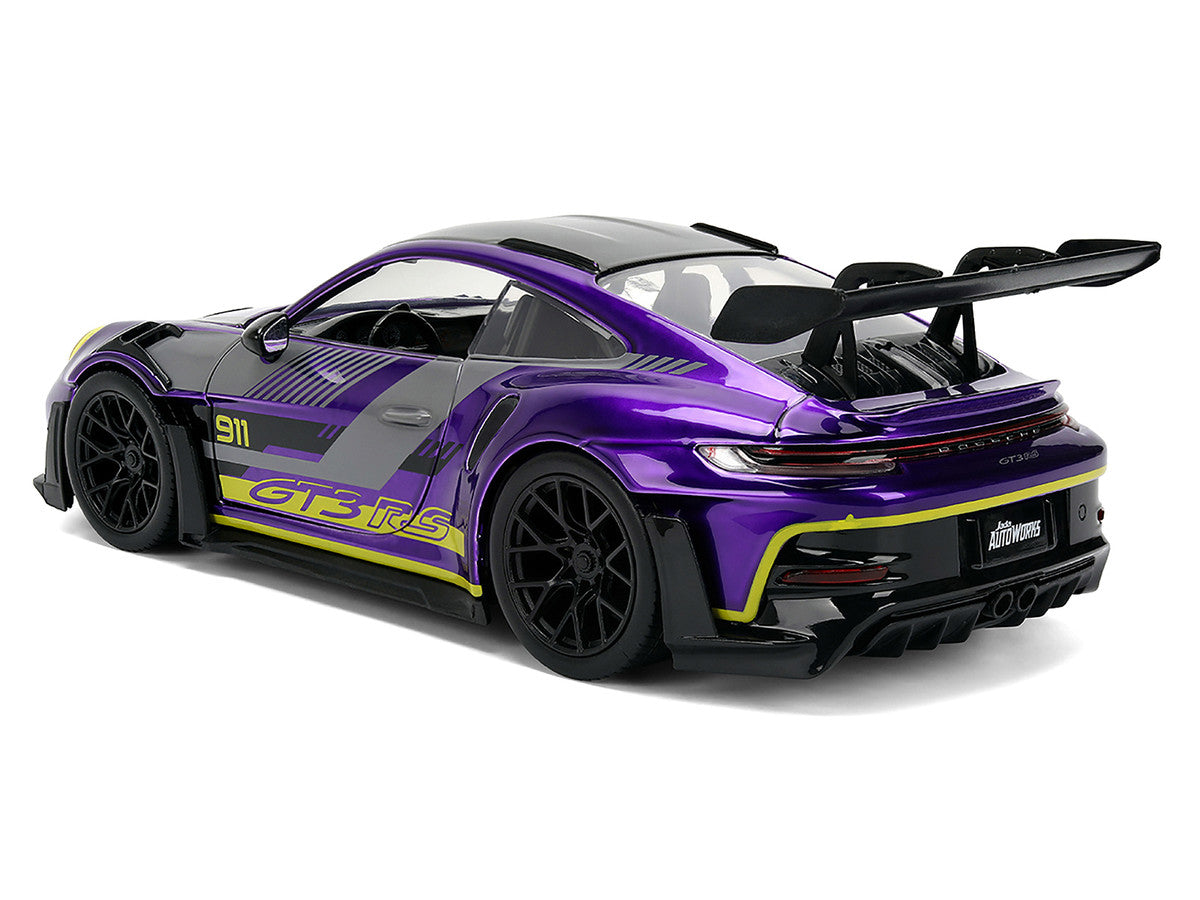 Porsche 911 GT3 RS (992) Candy Purple with Carbon Top and Hood Stripes and Graphics "AutoWorks" Series 1/24 Diecast Car Model by Jada