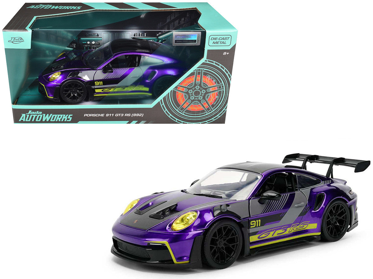Porsche 911 GT3 RS (992) Candy Purple with Carbon Top and Hood Stripes and Graphics "AutoWorks" Series 1/24 Diecast Car Model by Jada