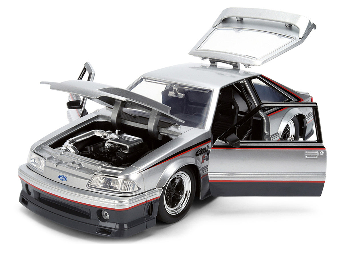 1989 Ford Mustang GT Silver Metallic and Gray with Black and Red Stripes "AutoWorks" Series 1/24 Diecast Car Model by Jada