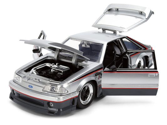 1989 Ford Mustang GT Silver Metallic and Gray with Black and Red Stripes "AutoWorks" Series 1/24 Diecast Car Model by Jada