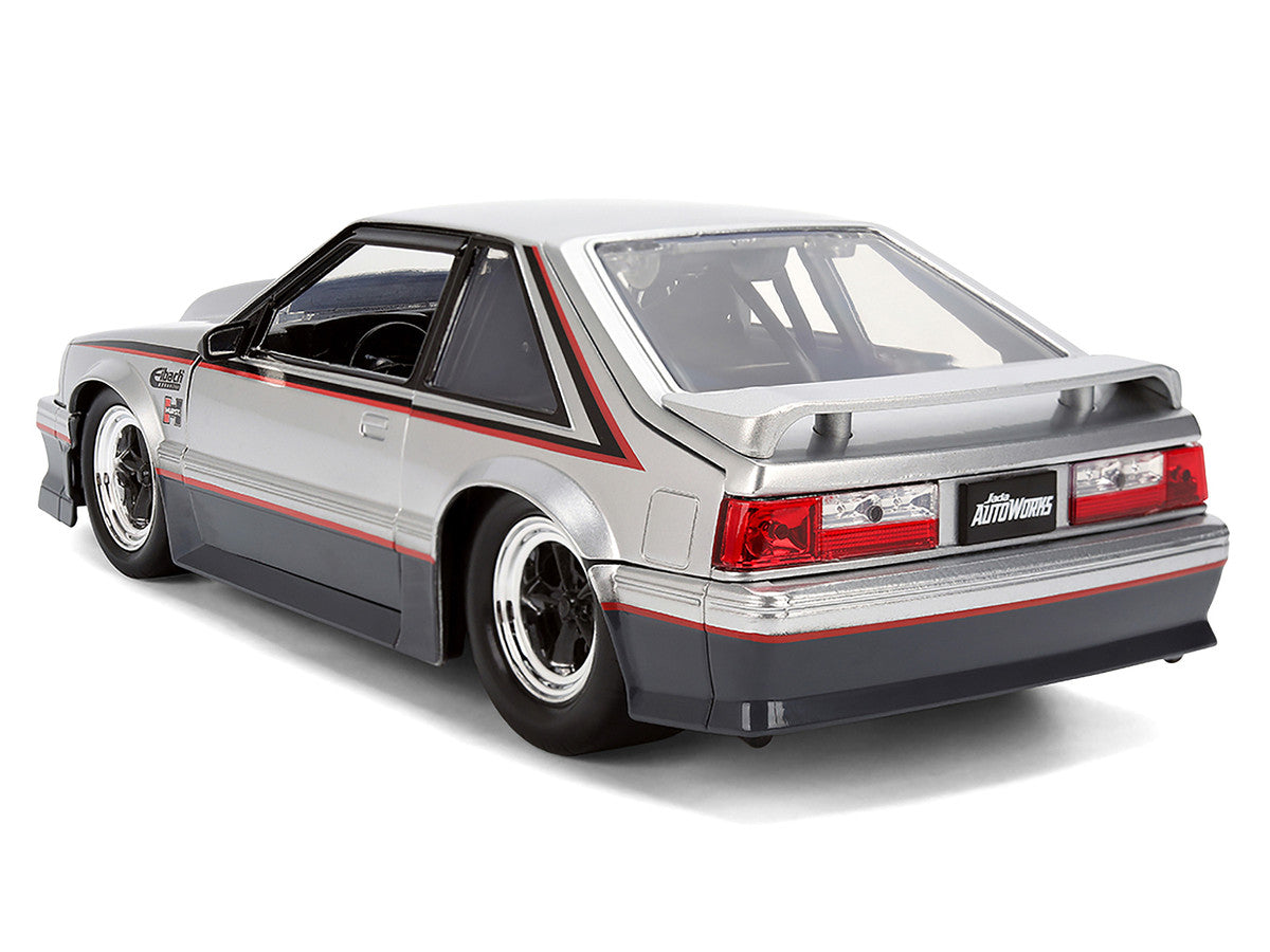 1989 Ford Mustang GT Silver Metallic and Gray with Black and Red Stripes "AutoWorks" Series 1/24 Diecast Car Model by Jada
