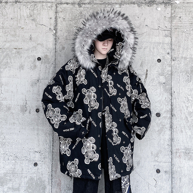 Plus Size Hip Hop Cotton Jacket with Bear Print