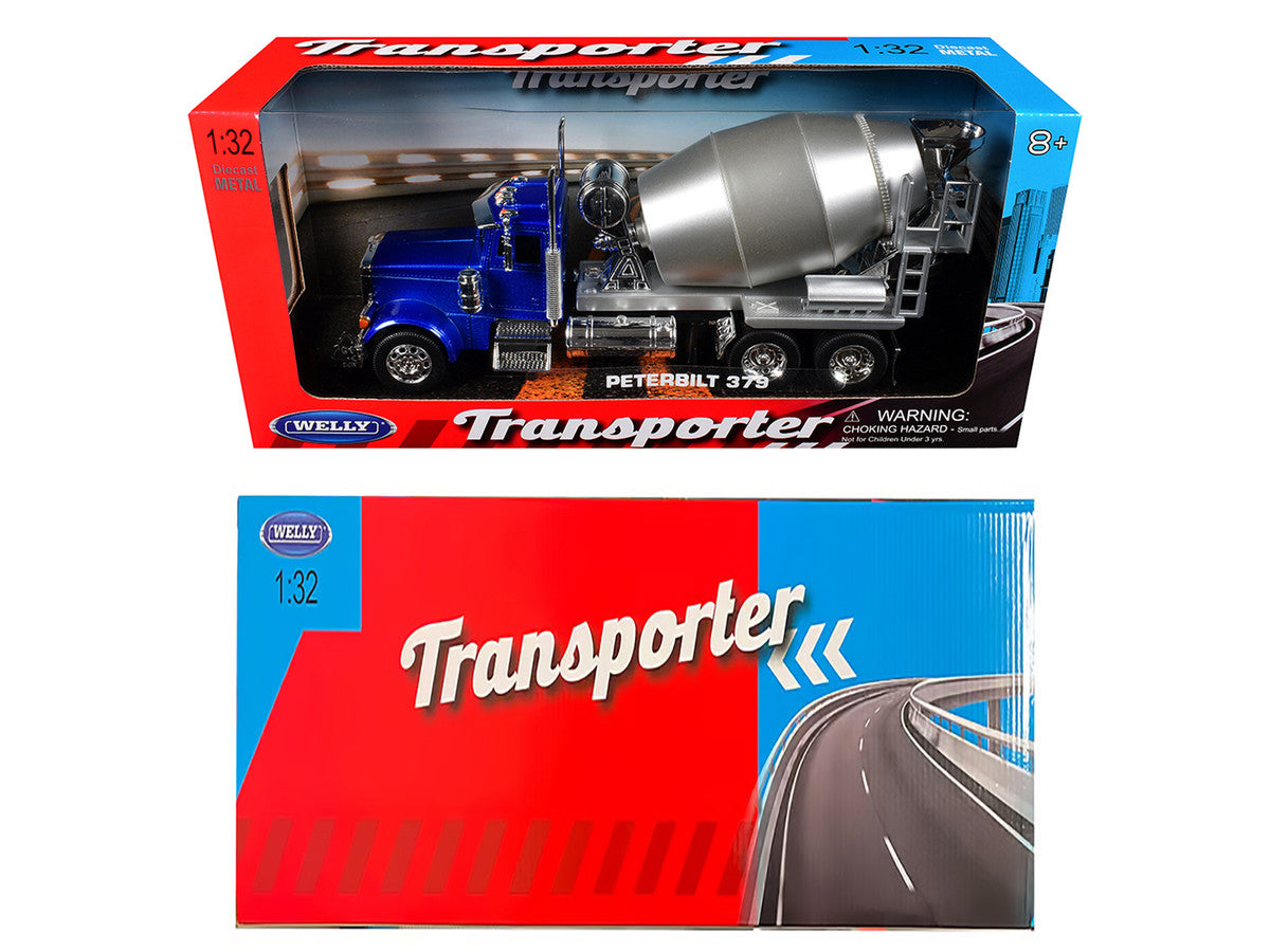 Peterbilt 379 Cement Mixer Blue Metallic with Chrome and Silver Mixer "Transporter" Series 1/32 Diecast Model by Welly