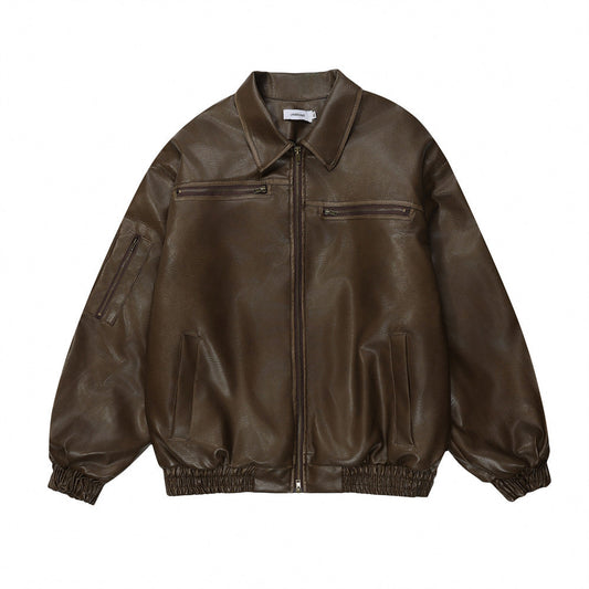 Distressed Biker's Leather Jacket Men's Clothing Padded Lapel