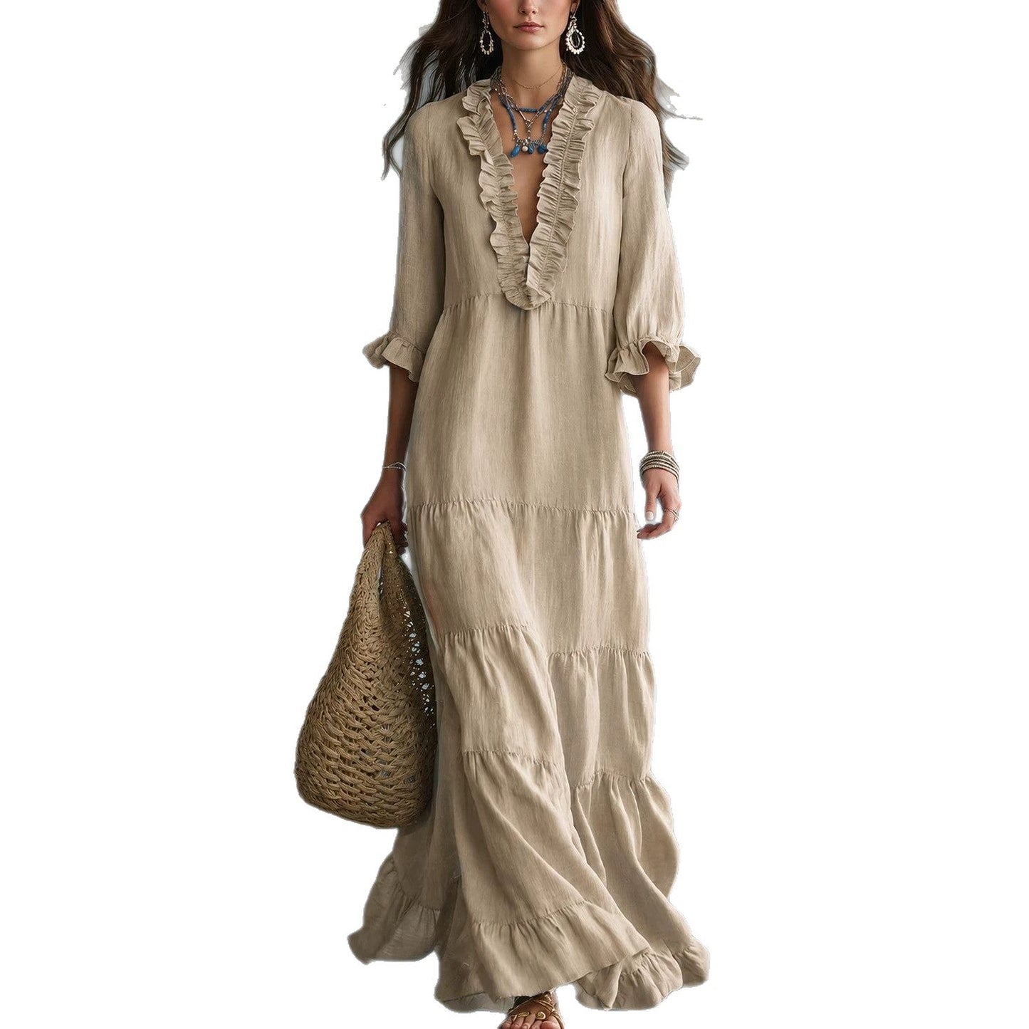 Womens V-neck Layered Casual Flowing Maxi Dress With Ruffled Hem