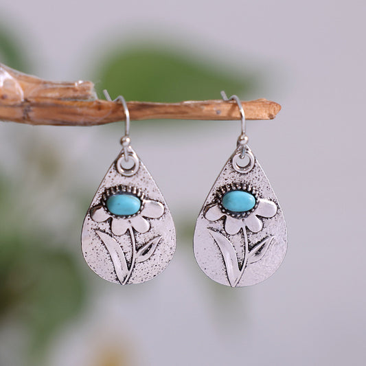 Alloy Carved Earrings Inlaid Turquoise