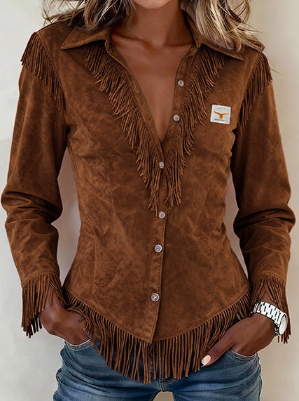 Western Cowboy-Style Suede Fringe Slim-Fit Long-Sleeve Shirt