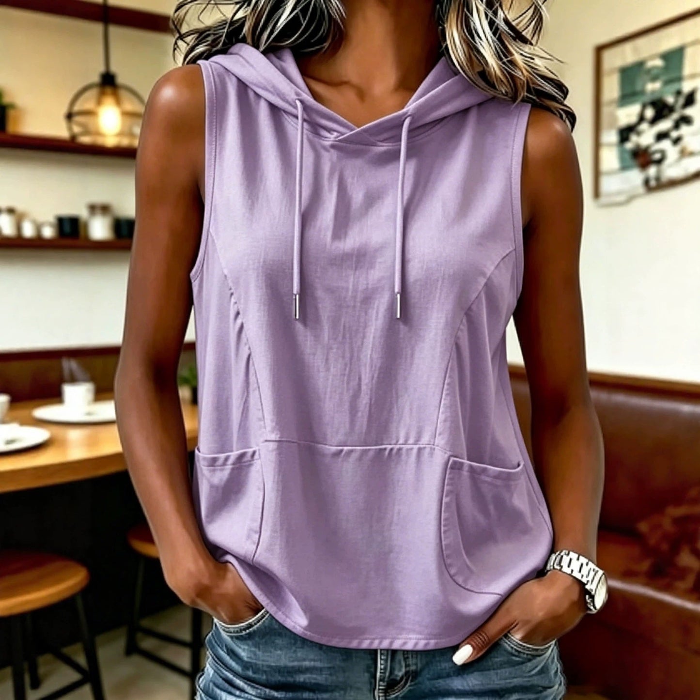 Fashionable Casual Solid-color Hooded Sleeveless Top T-shirt Vest