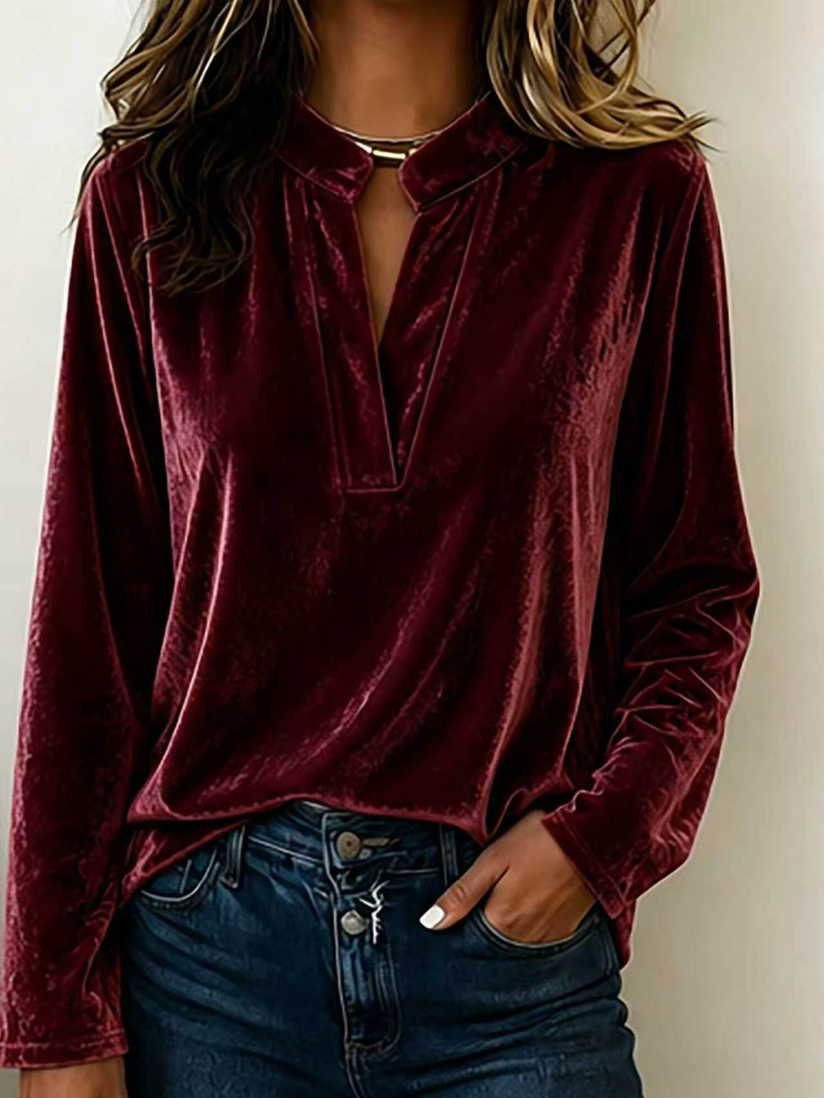 Solid-color V-neck New Womens Top