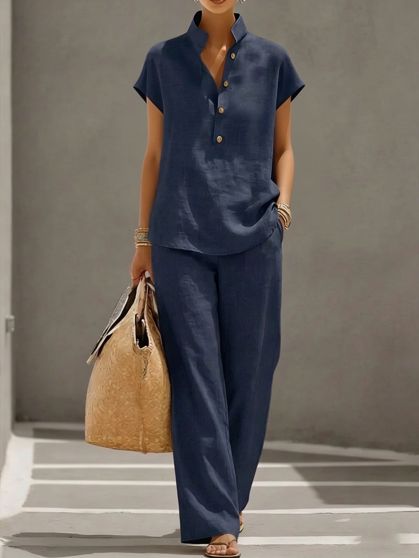 Casual Lazy-Style Cardigan Short-Sleeve Pants Solid-Color Set