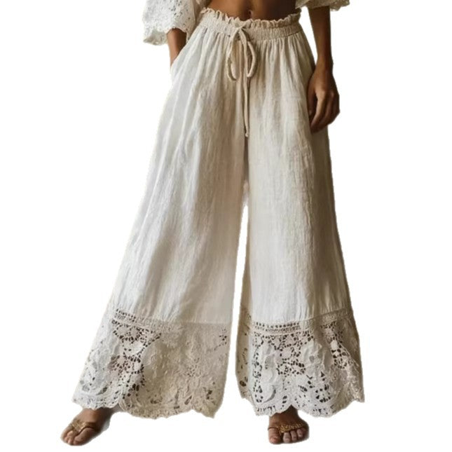 Fashionable Solid-Colored Lace-Trimmed Womens Pants