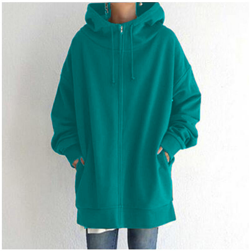 Zipper Hooded Long Plus Fleece Sweatshirt