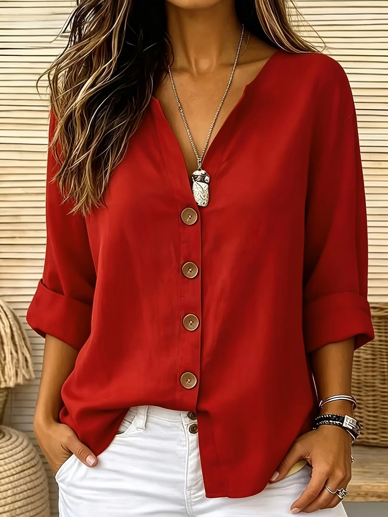 Womens V-neck Cotton-Linen Button-Down T-shirt Top