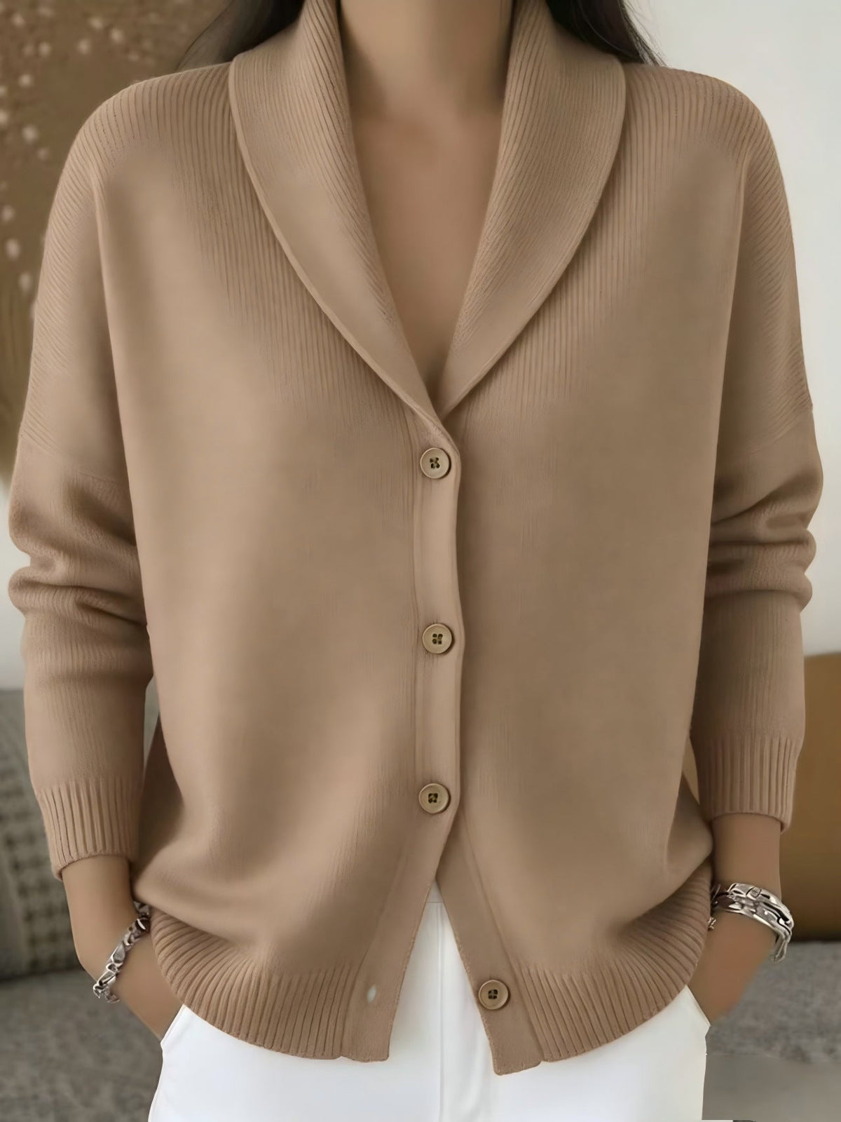Womens Knitted Cardigan Loose-Fit Lazy Style Soft And Cozy Notch Lapel Solid Color Long-Sleeve Sweater