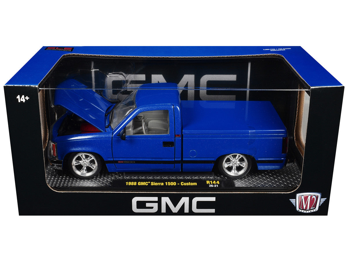1988 GMC Sierra 1500 Custom Pickup Truck Blue Metallic with Black Stripes Limited Edition to 4850 pieces Worldwide 1/24 Diecast Model Car by M2 Machines