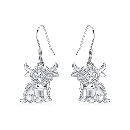 Highland Cow Earrings for Women 925 Sterling Silver Cow Dangle Drop Earrings