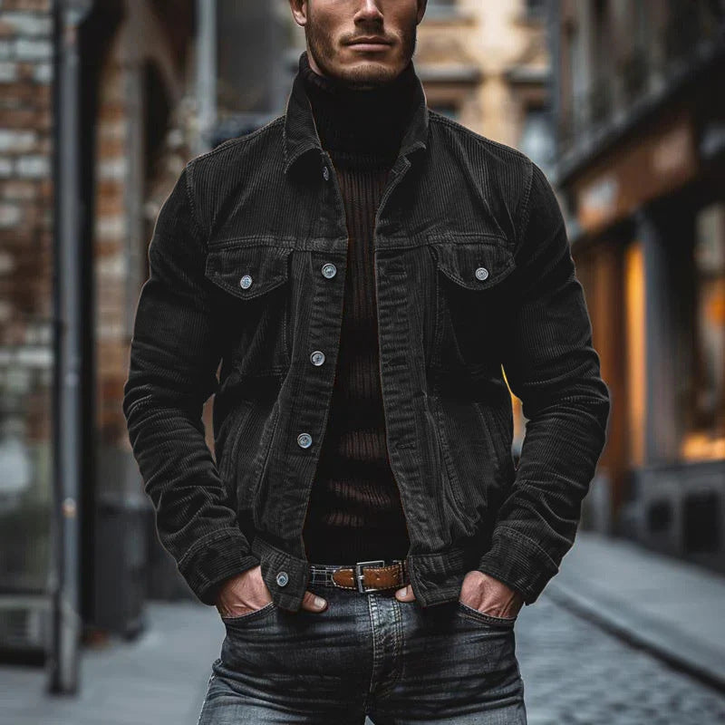Men's Pocket Corduroy Long Sleeve Striped Lapel Jacket