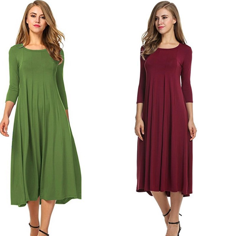 Crew Neck Sleeve Solid Color Swing Dress