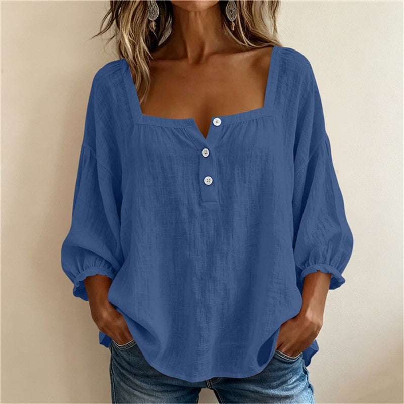 Casual Resort-style Linen Top With Three-quarter Sleeves