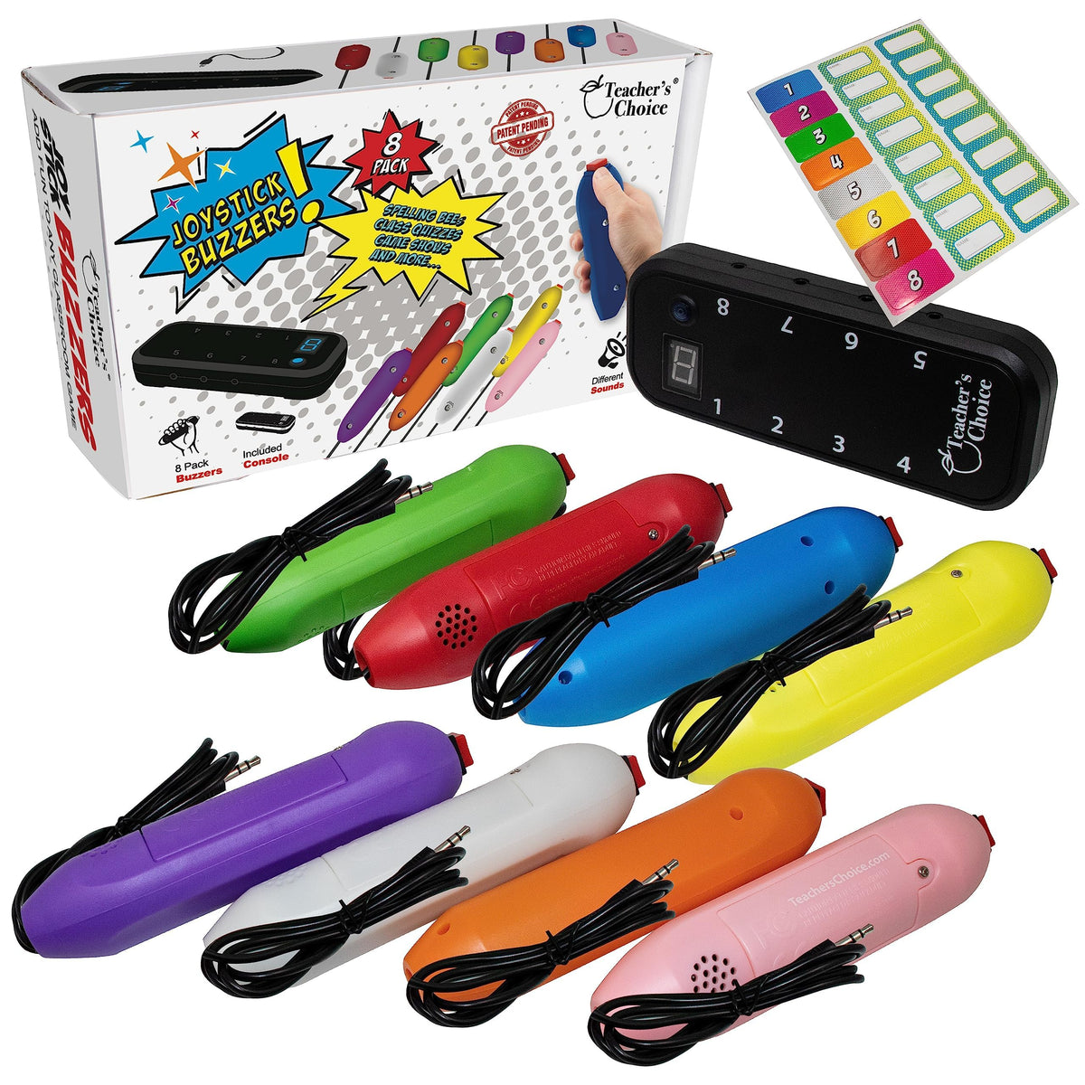 Teachers Choice 8 Color Handheld Buzzer Game System - Console Displays First Buzz-in - Great for Jeopardy Family Feud Trivia and Buzzer Games - Controller with 8 Joystick Buzzers 8 Unique Sounds
